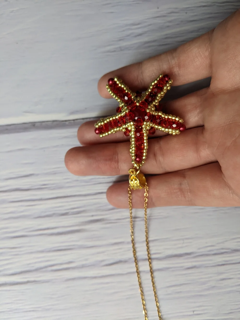 Gold Starfish Pendant Necklace with Red Crystal Accents - Women Jewelry